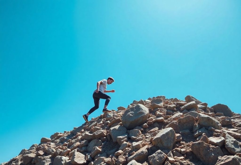 אדם מתאמץ לטפס במעלה הר